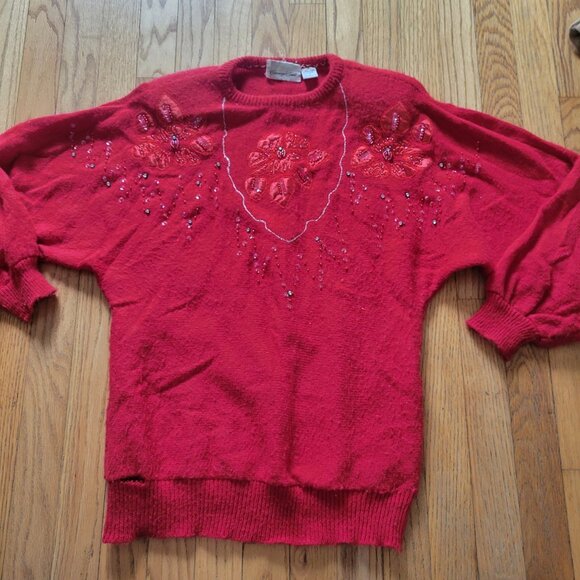 Vintage Carriage Court Red Embellished Sweater With Floral Applique & Sequins S - Picture 7 of 7
